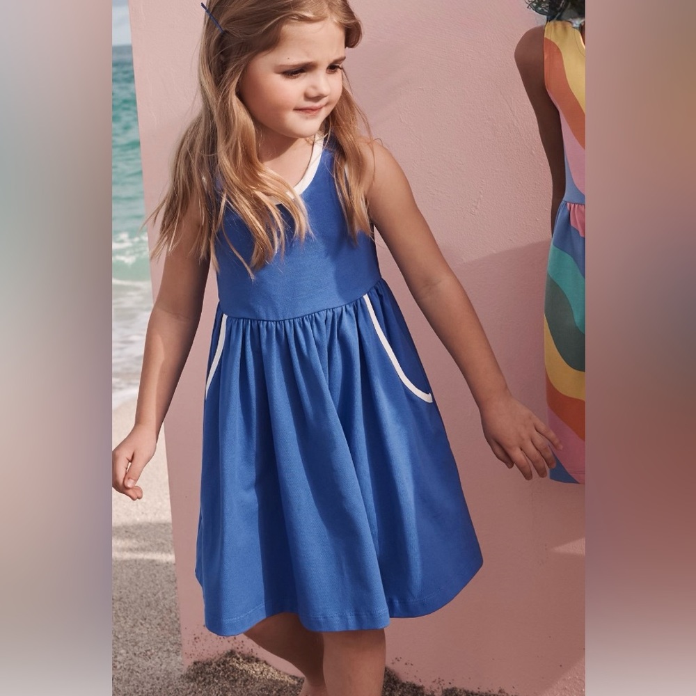 NEW Hanna Anderson Skater Dress w/ pockets, blue w/ white contrast, 6-7
